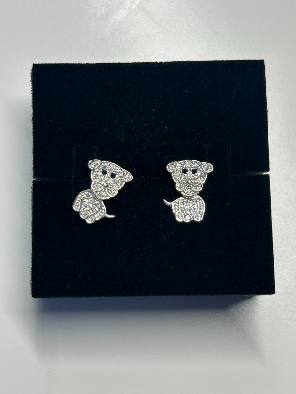 Silver-Tone Pave Crystal Puppy Dog Stud Earrings Sparkly Kawaii Quirky Fun Y2K